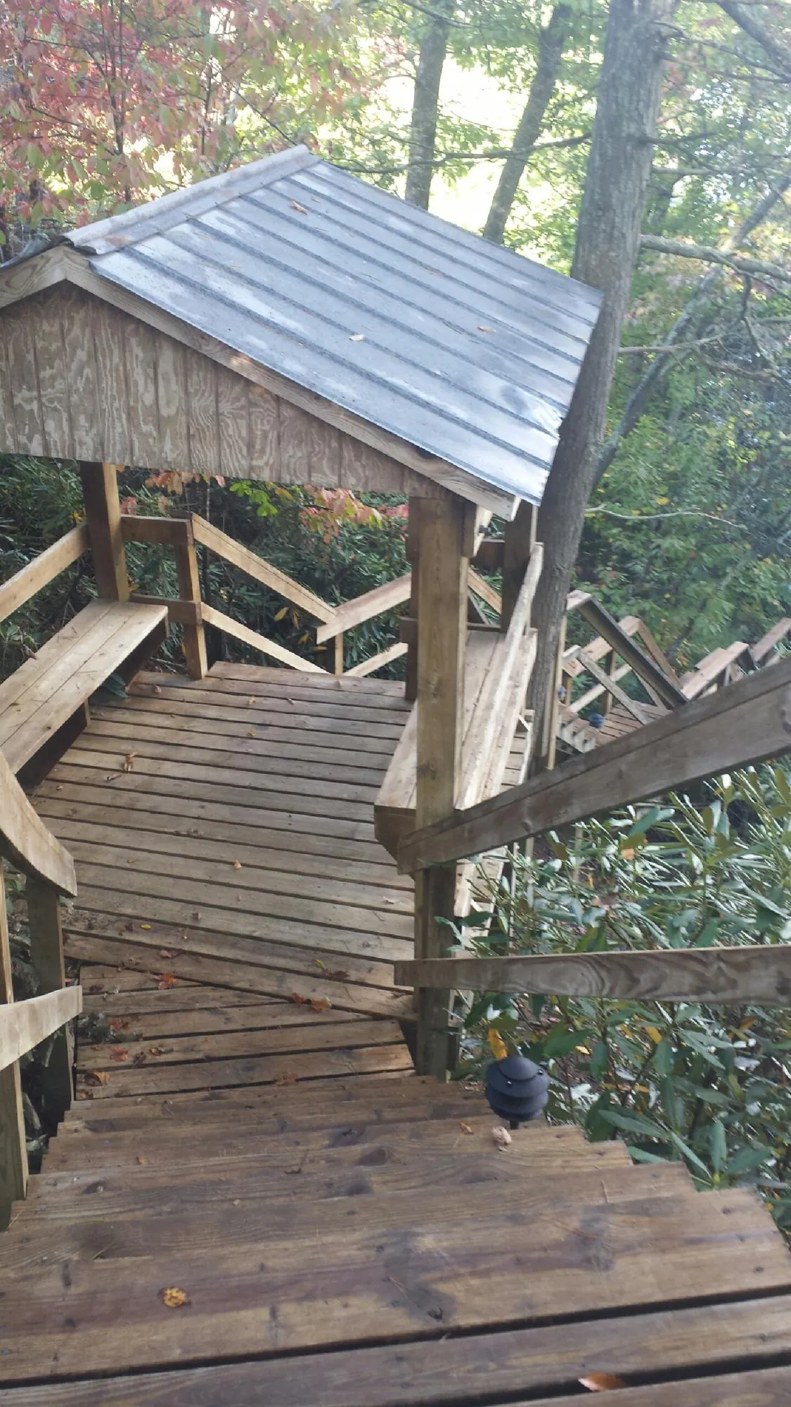 Metal roofed shelter over wooden steps on a wooded walkway — Skylight Repair & Installation work by our crew in Shelley